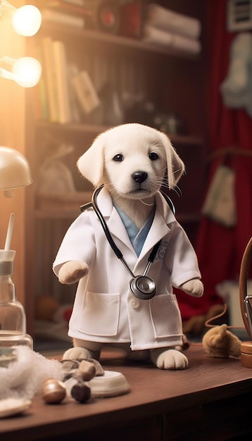 un chiot avec un stéthoscope autour du cou.