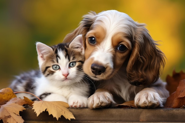 Chiot teckel de couleur chocolat merle et chaton blanc