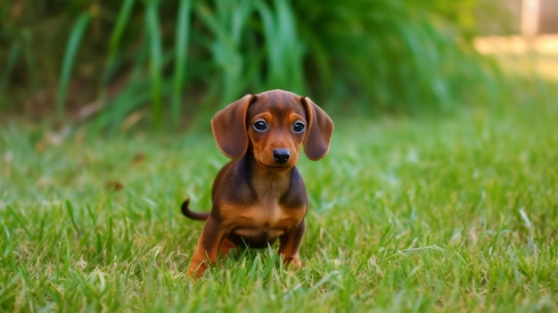 Un chiot teckel dans l'herbe