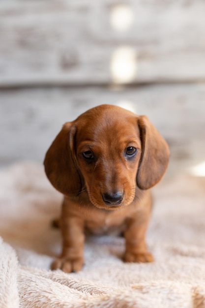 Chiot teckel mignon regardant la caméra sur un fond clair