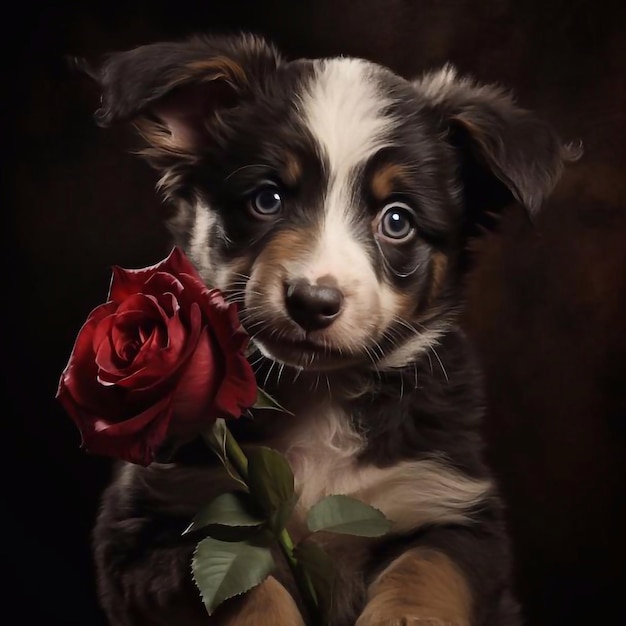 Un chiot tient une rose rouge