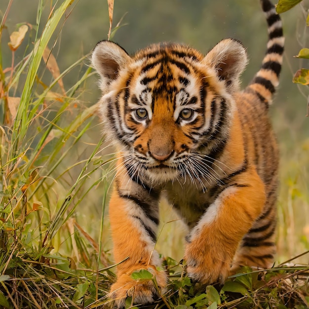 un chiot de tigre se promène dans l'herbe de la forêt