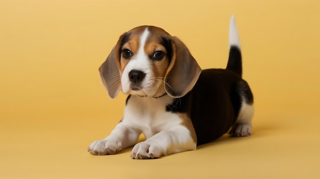 Le chiot tricolore de Beagle est en pose.