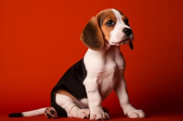 Le chiot tricolore Beagle pose un chien ou un animal de compagnie mignon whitebraunblack qui joue sur fond rouge semble attendu et ludique studio photoshot concept d'espace négatif d'action de mouvement de mouvement