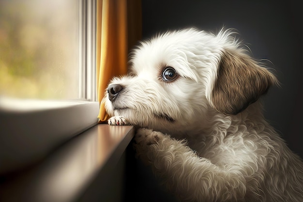 Chiot triste petits caniches blancs attendant à la fenêtre des propriétaires