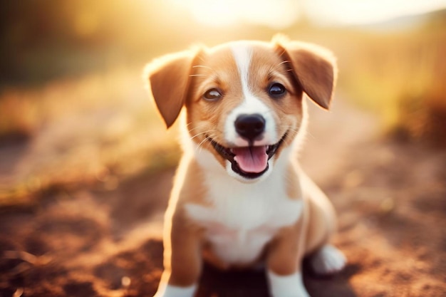 un chiot avec un visage blanc et un nez brun est assis sur le sable