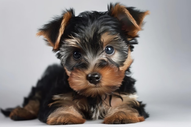 Chiot Yorkshire terrier de Biewer posant sur un fond blanc