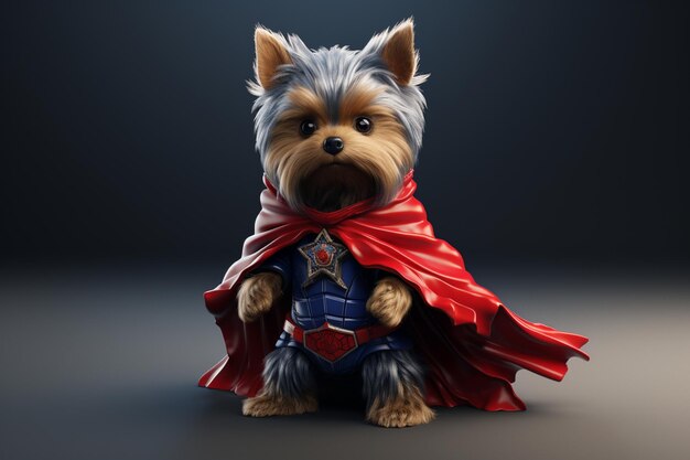 Un chiot Yorkshire Terrier enjoué dans un super-héros c 00432 01