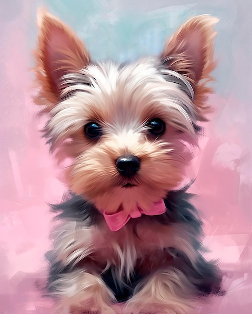 Chiot Yorkshire Terrier avec noeud papillon rose Peinture numérique