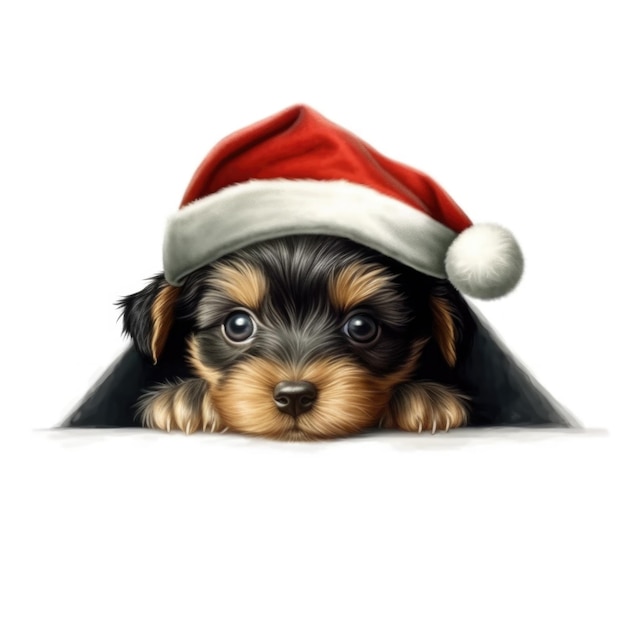Chiot Yorkshire Terrier portant un chapeau de Père Noël