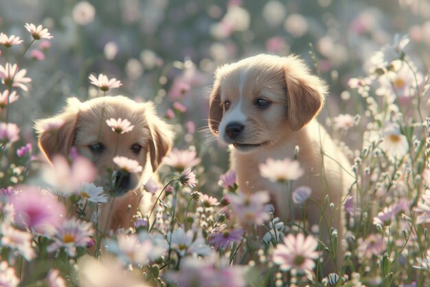 Des chiots adorables jouant dans un champ de fleurs sauvages