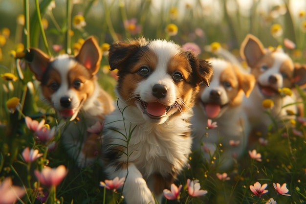 Des chiots adorables qui jouent dans un champ de fleurs.