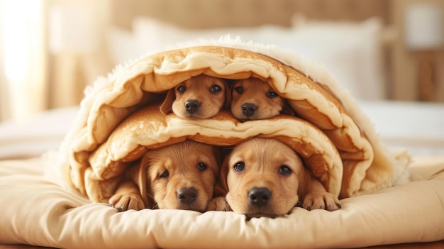 Des chiots adorables se câlinant sous une couverture