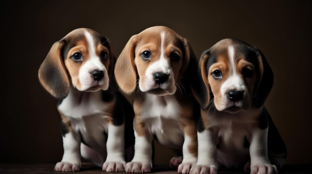 Chiots beagle excités mignons sur un fond minimaliste AI générative