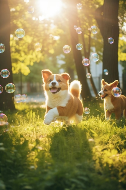 Chiots chassant des bulles dans un parc ensoleillé