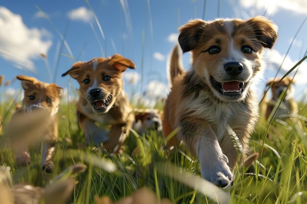 Des chiots enjoués dans un champ d'octane.