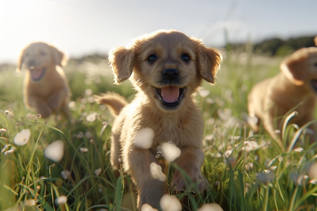 Des chiots enjoués dans un champ.