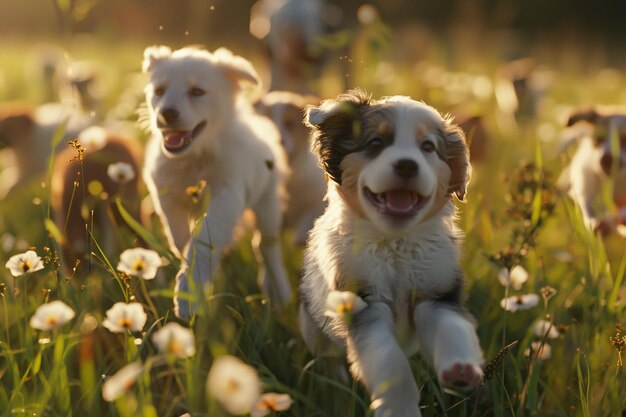 Des chiots enjoués dans un champ.