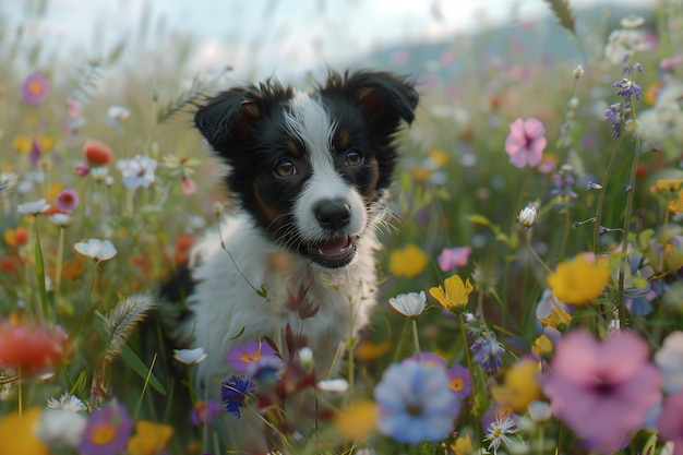 Photo des chiots enjoués dans des champs de fleurs sauvages