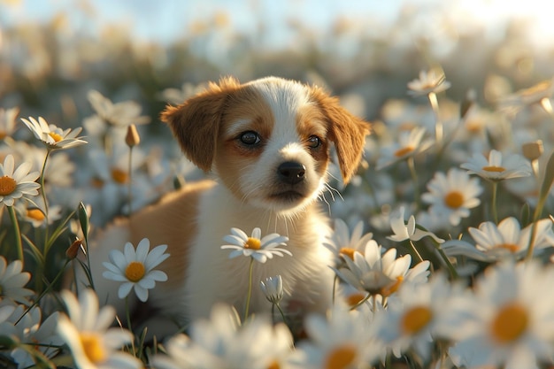 Des chiots enjoués dans des champs de marguerites