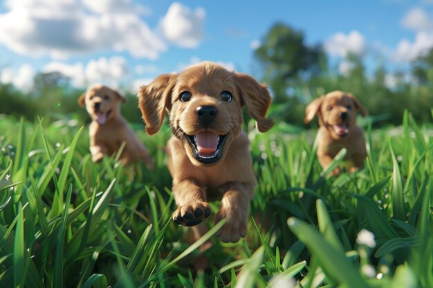 Des chiots enjoués dans l'herbe