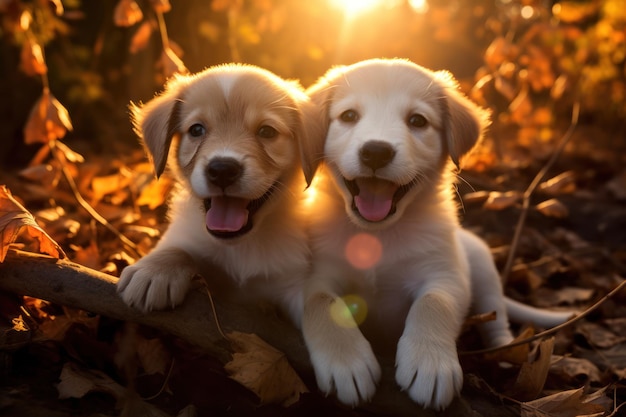 Photo des chiots enjoués à la lumière du soleil