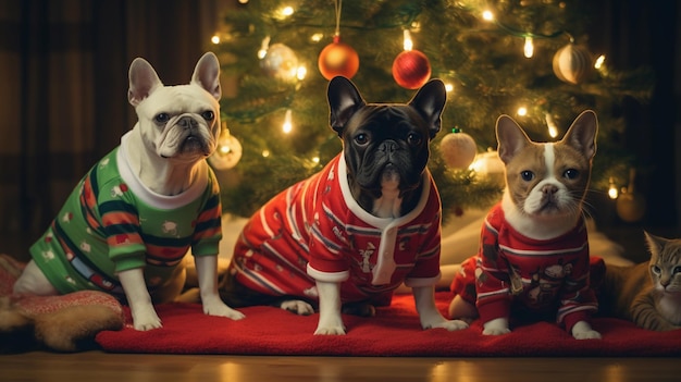 Des chiots festifs en tenue de fête par l'arbre de Noël