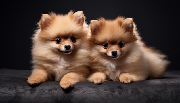 Des chiots jumeaux de chien de Poméranie isolés sur un fond sombre