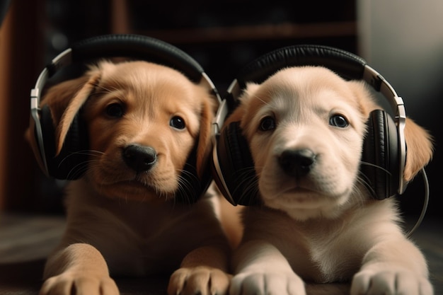 Chiots mignons écoutant de la musique avec des écouteurs Generative Ai