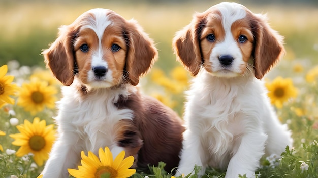 Photo des chiots mignons parmi les fleurs.