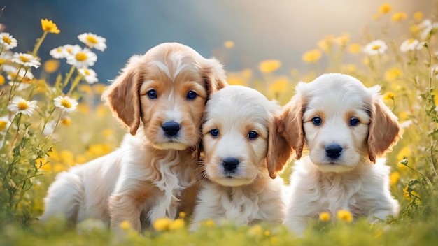 Des chiots mignons parmi les fleurs.