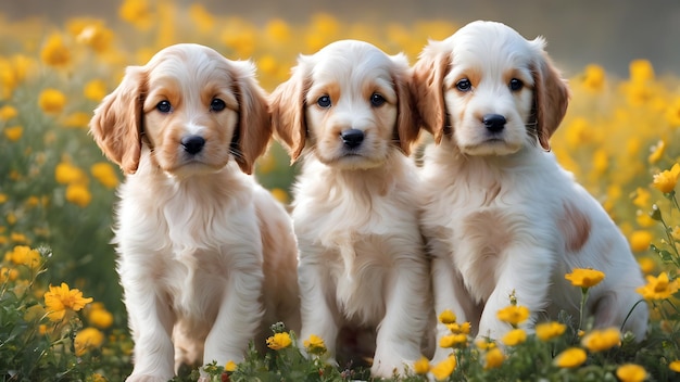 Des chiots mignons parmi les fleurs.