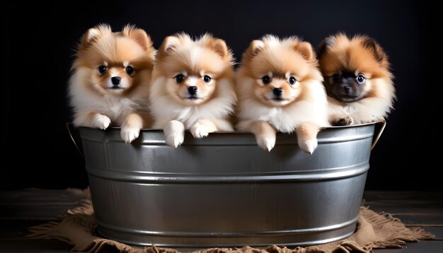 Photo des chiots de poméranie dans une vieille baignoire