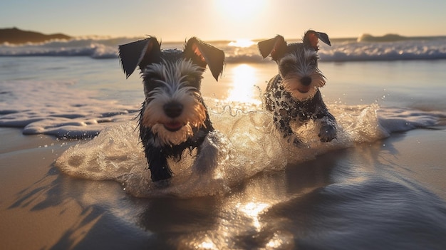 Chiots schnauzer heureux éclaboussant dans une rivière Generative AI