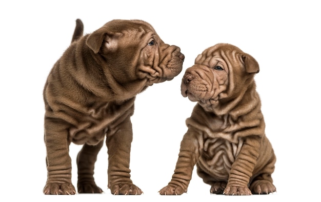 Chiots Shar Pei se reniflant isolé sur blanc