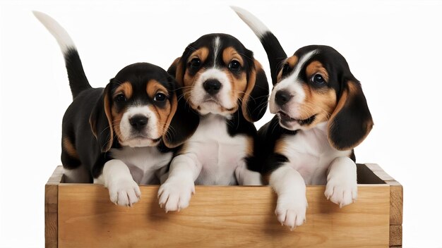 Photo des chiots tricolores de beagle posent dans une boîte en bois, de mignons chiens ou des animaux de compagnie jouant sur un fond blanc.