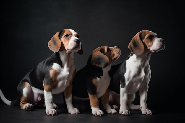 Les chiots tricolores Beagle posent de mignons chiots blancs bruns ou noirs ou des animaux de compagnie jouant sur un fond gris