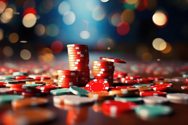 Chips de casino sur un fond bokeh Chips de jeu verts rouges Jets de jeu Colonnes de pièces de jeu Casino de jeu