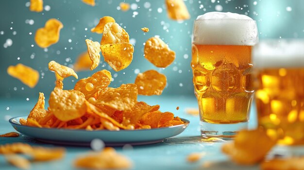 Des chips flottant à côté d'un verre de bière sur un fond bleu