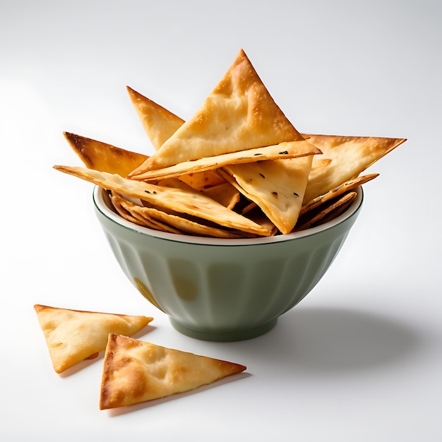 Des chips de pita et du houmous sur un fond blanc