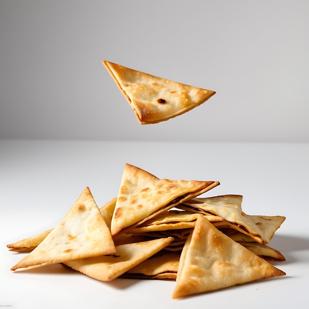 Des chips de pita et du houmous sur un fond blanc