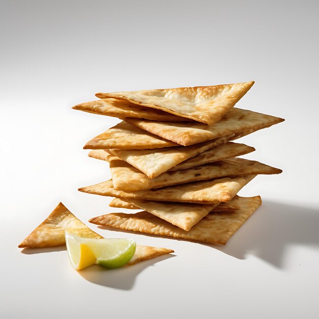 Des chips de pita et du houmous sur un fond blanc