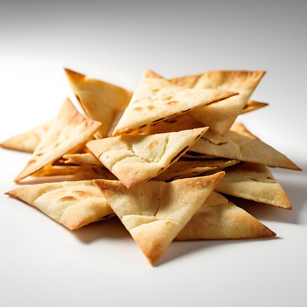 Des chips de pita et du houmous sur un fond blanc