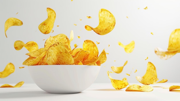 Des chips de pomme de terre dans l'air tombent dans un bol isolé sur un fond blanc.