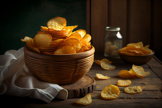 Chips de pommes de terre croustillantes dans un bol en osier