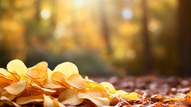 Des chips de pommes de terre croustillantes et savoureuses sur un fond défocalisé avec beaucoup d'espace pour le placement du texte