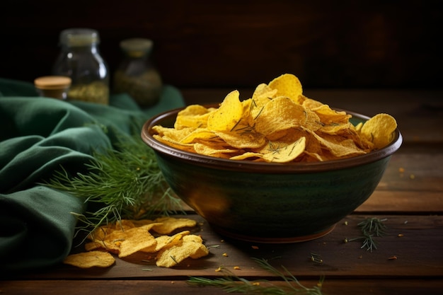 Des chips de pommes de terre dorées dans un bol noir isolées sur un fond sombre Des chips de patates croustillantes servies dans un bol