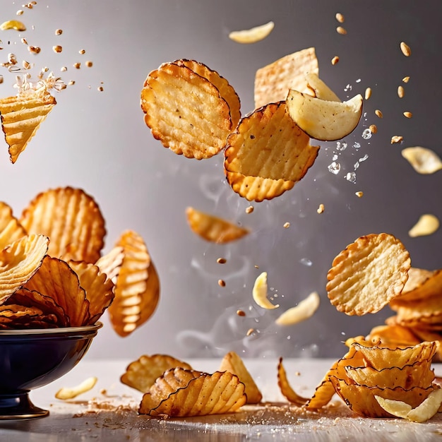 Chips de pommes de terre frites croustillantes collation populaire photo de nourriture dynamique