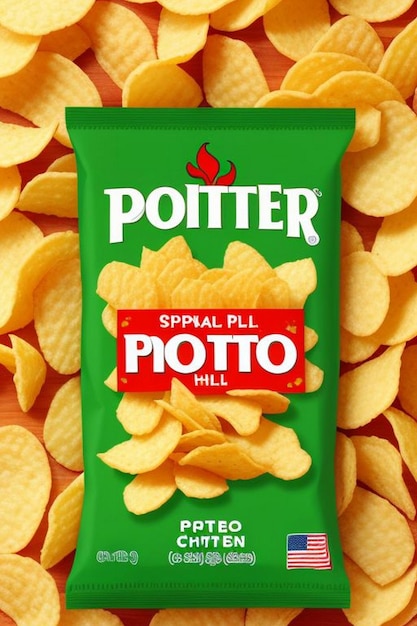 Photo des chips de pommes de terre ondulées et croustillantes avec un emballage réaliste, une affiche promotionnelle vectorielle 3d avec des snacks ondulés et croquants