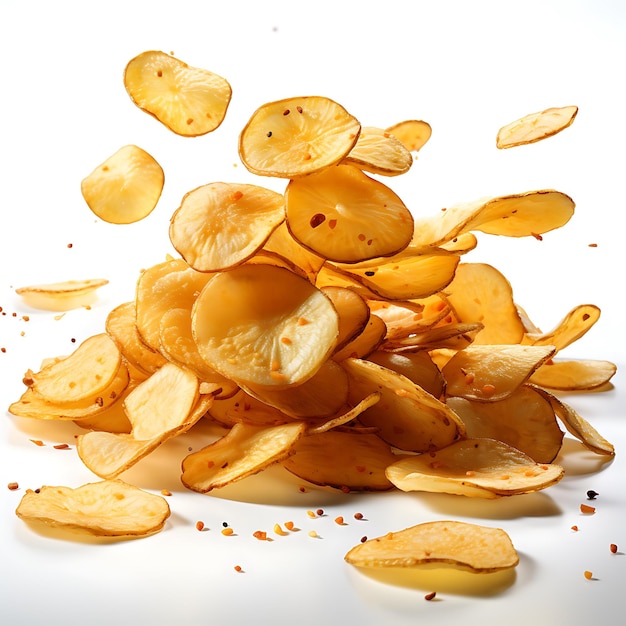 chips de pommes de terre tombantes isolées sur un fond blanc